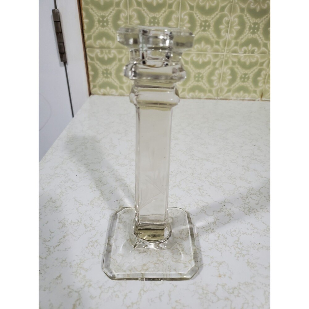 Vintage Art Deco Clear Glass Pillar Candlestick Holder 7.5" Engraved
